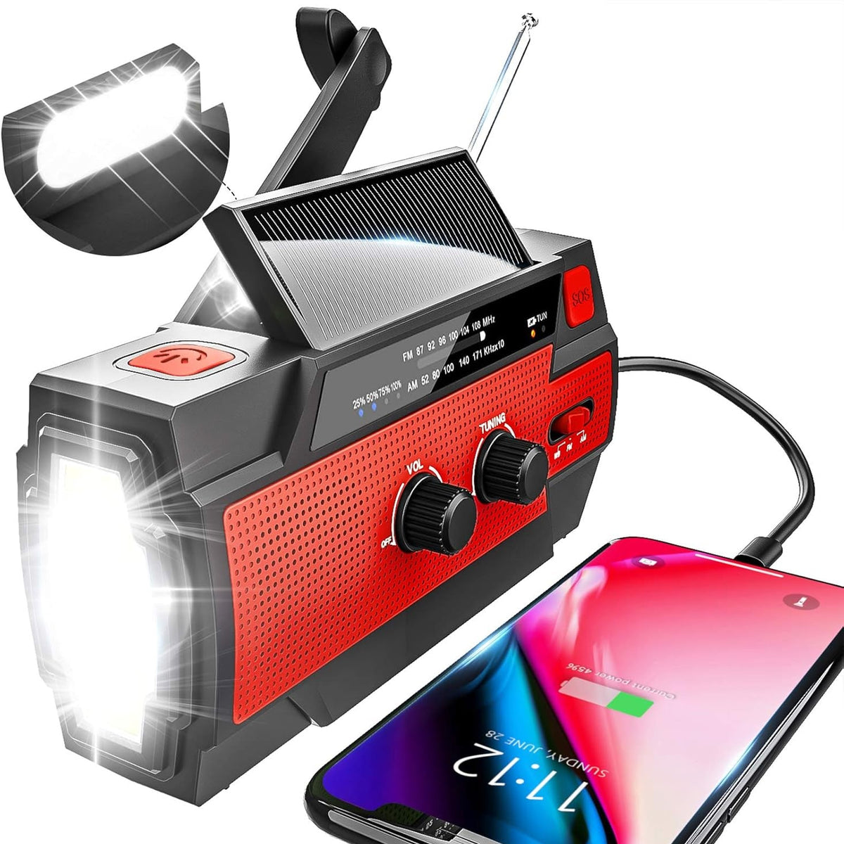 Rode Noodradio 2026 met zonnepaneel, handslinger en LED-zaklamp