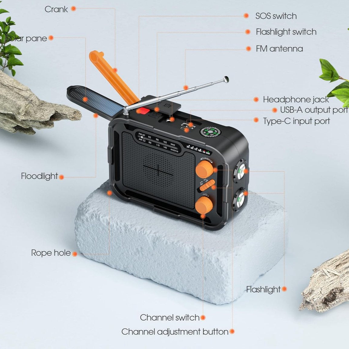 Premium-Notfallradio mit Taschenlampe, Handkurbel, Solarladefunktion und 5000-mAh-Akku