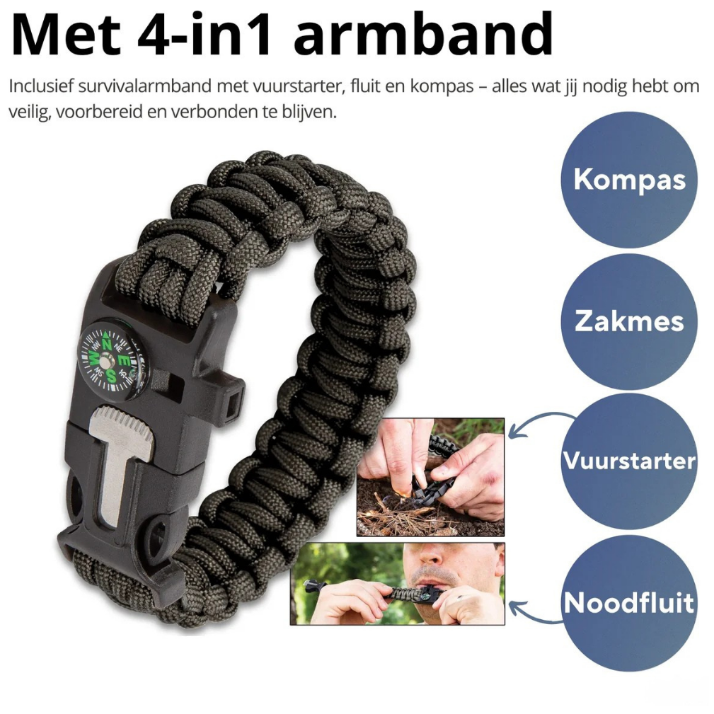 Überlebensarmband | 4-teiliges Notfallarmband (Kompass, Feuerstarter, Pfeife, Messer, Seil) – Paracord