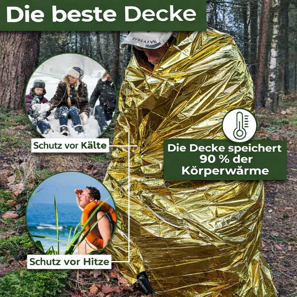 Rettungsdecke / Thermodecke – Isolierdecke für Notfallausrüstung, Erste Hilfe und Outdoor-Aktivitäten
