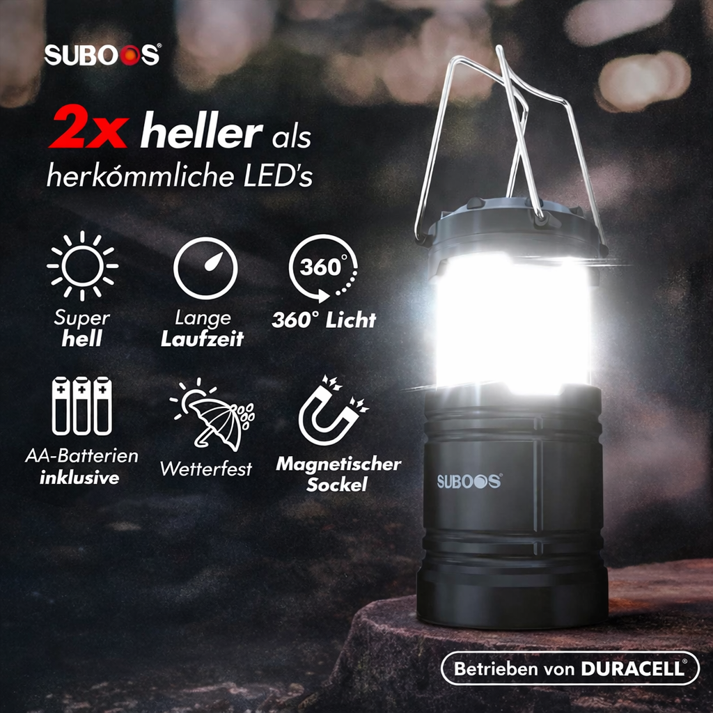 SUBOOS Zeltbeleuchtung Campinglaterne – Stromausfall – Hellere LED-Batterielaterne mit Magnetfuß, faltbarem Haken, tragbare Campinglampe für Notfälle im Innen- und Außenbereich