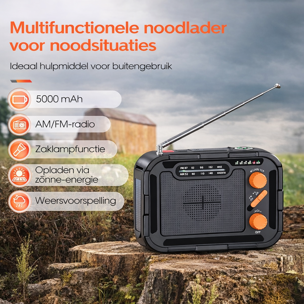 Premium-Notfallradio mit Taschenlampe, Handkurbel, Solarladefunktion und 5000-mAh-Akku