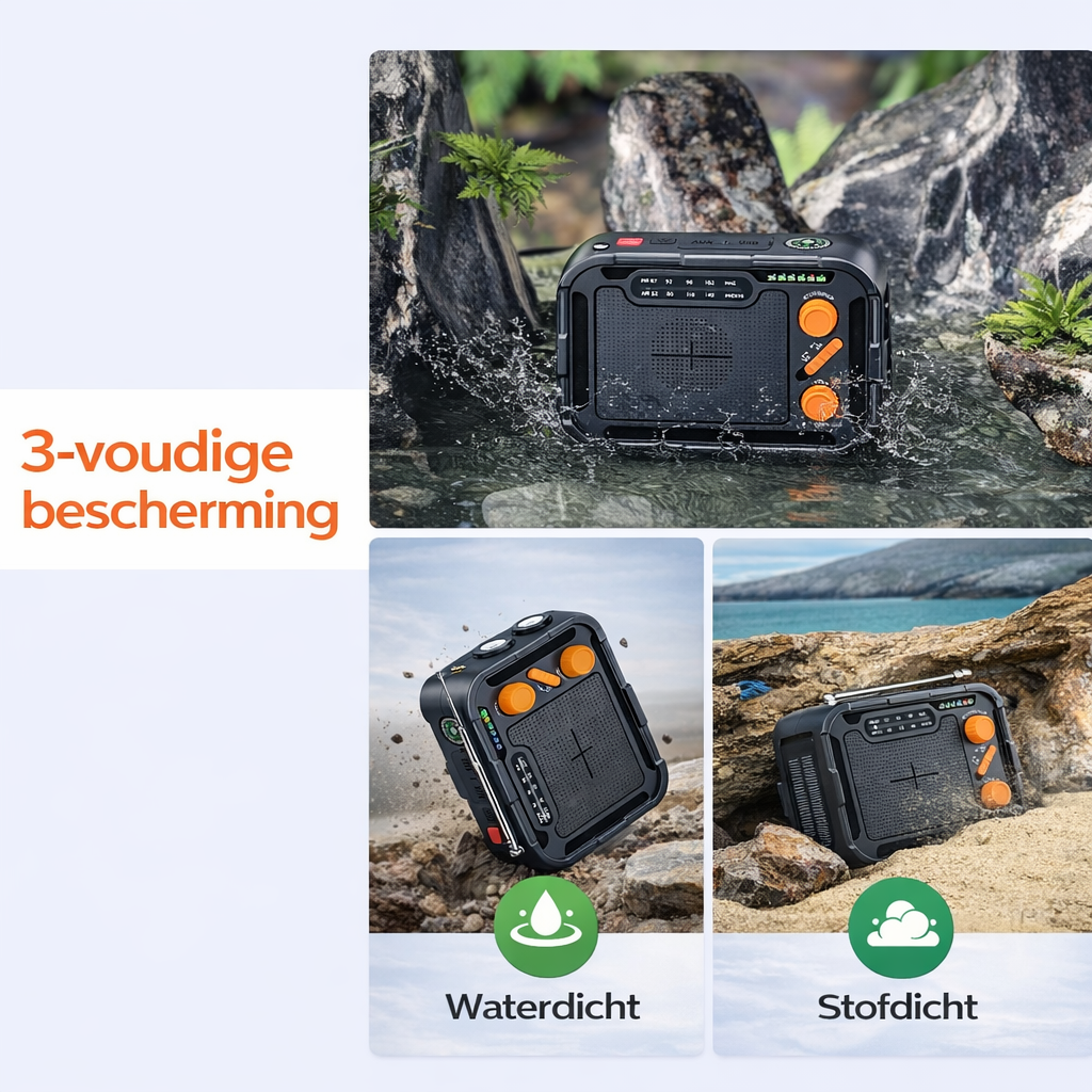 Premium-Notfallradio mit Taschenlampe, Handkurbel, Solarladefunktion und 5000-mAh-Akku