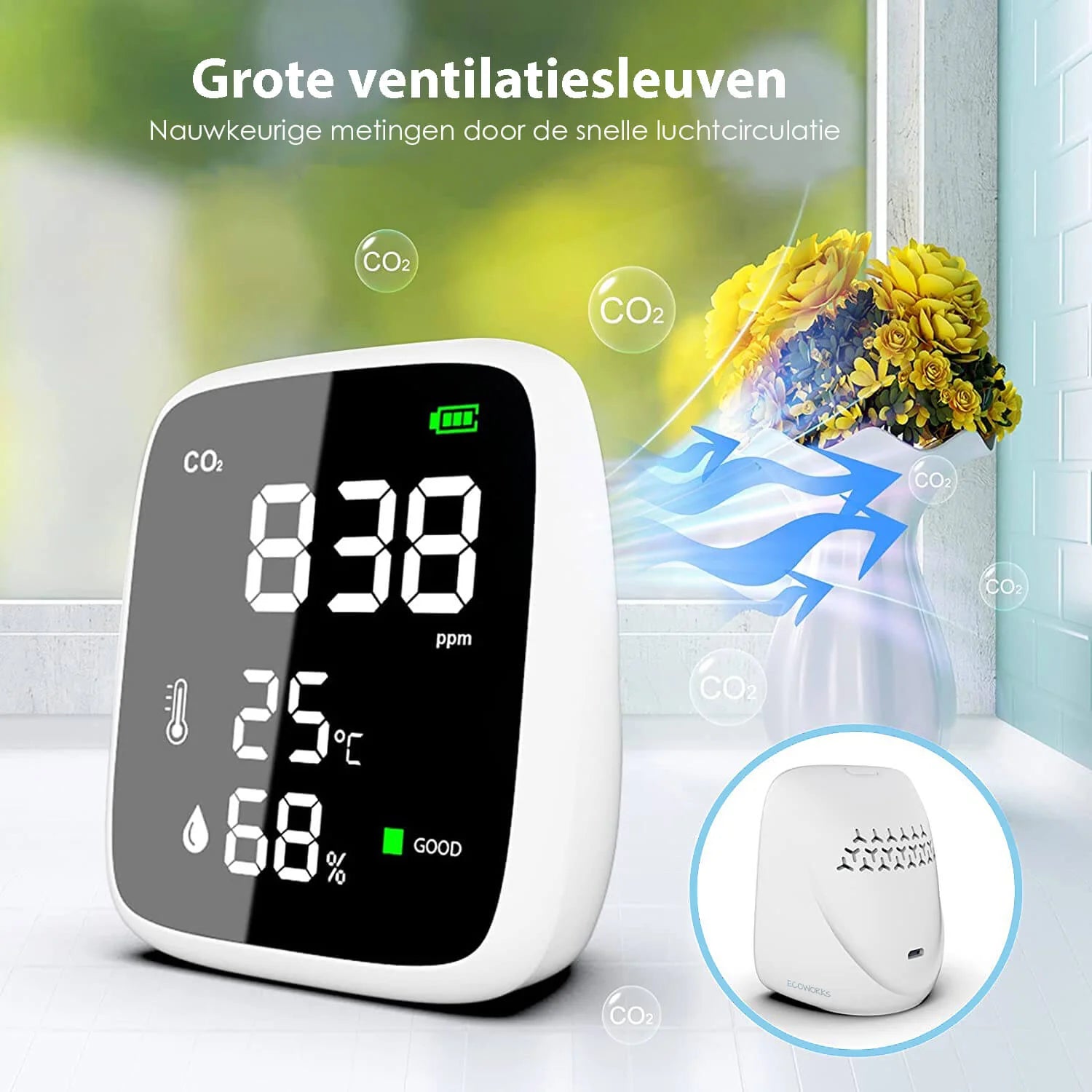 Ecoworks Drahtloses 3-in-1 CO2-Messgerät: Luftqualitätsmessgerät & -monitor