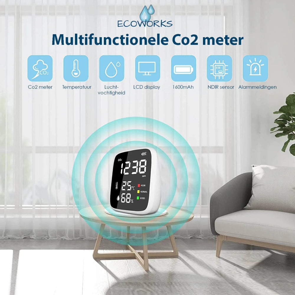 Ecoworks Drahtloses 3-in-1 CO2-Messgerät: Luftqualitätsmessgerät & -monitor