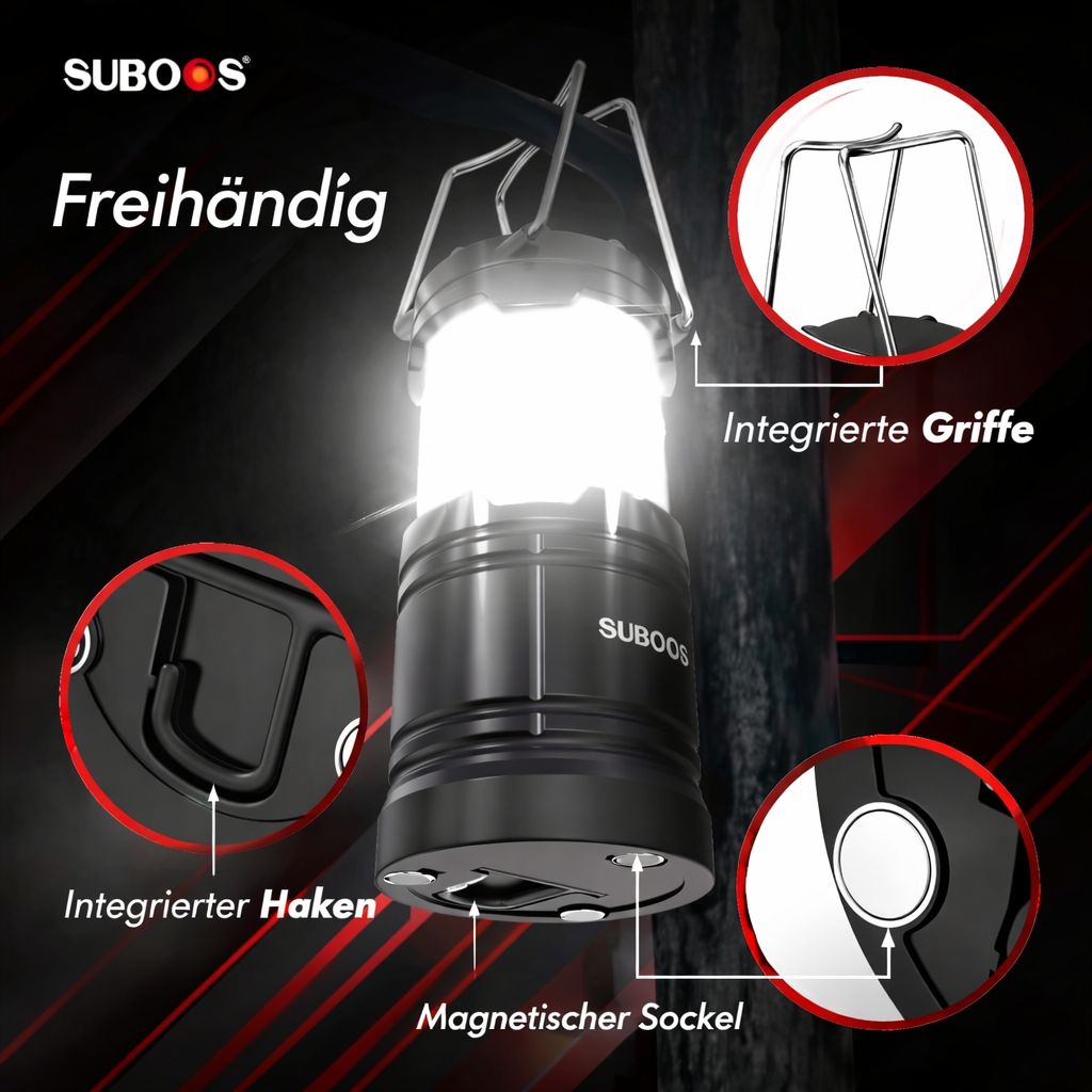 SUBOOS Zeltbeleuchtung Campinglaterne – Stromausfall – Hellere LED-Batterielaterne mit Magnetfuß, faltbarem Haken, tragbare Campinglampe für Notfälle im Innen- und Außenbereich