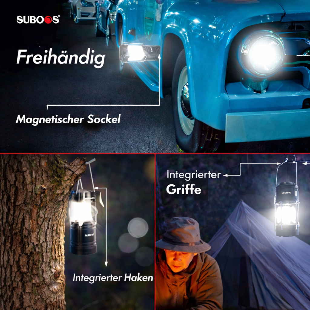 SUBOOS Zeltbeleuchtung Campinglaterne – Stromausfall – Hellere LED-Batterielaterne mit Magnetfuß, faltbarem Haken, tragbare Campinglampe für Notfälle im Innen- und Außenbereich