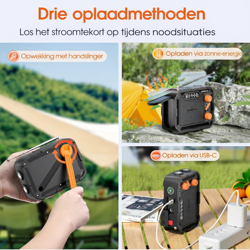 Premium-Notfallradio mit Taschenlampe, Handkurbel, Solarladefunktion und 5000-mAh-Akku