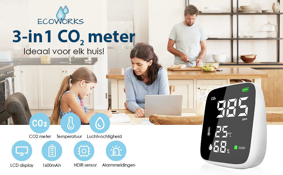 Ecoworks Drahtloses 3-in-1 CO2-Messgerät: Luftqualitätsmessgerät & -monitor