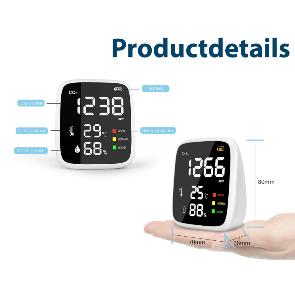 Ecoworks Drahtloses 3-in-1 CO2-Messgerät: Luftqualitätsmessgerät & -monitor
