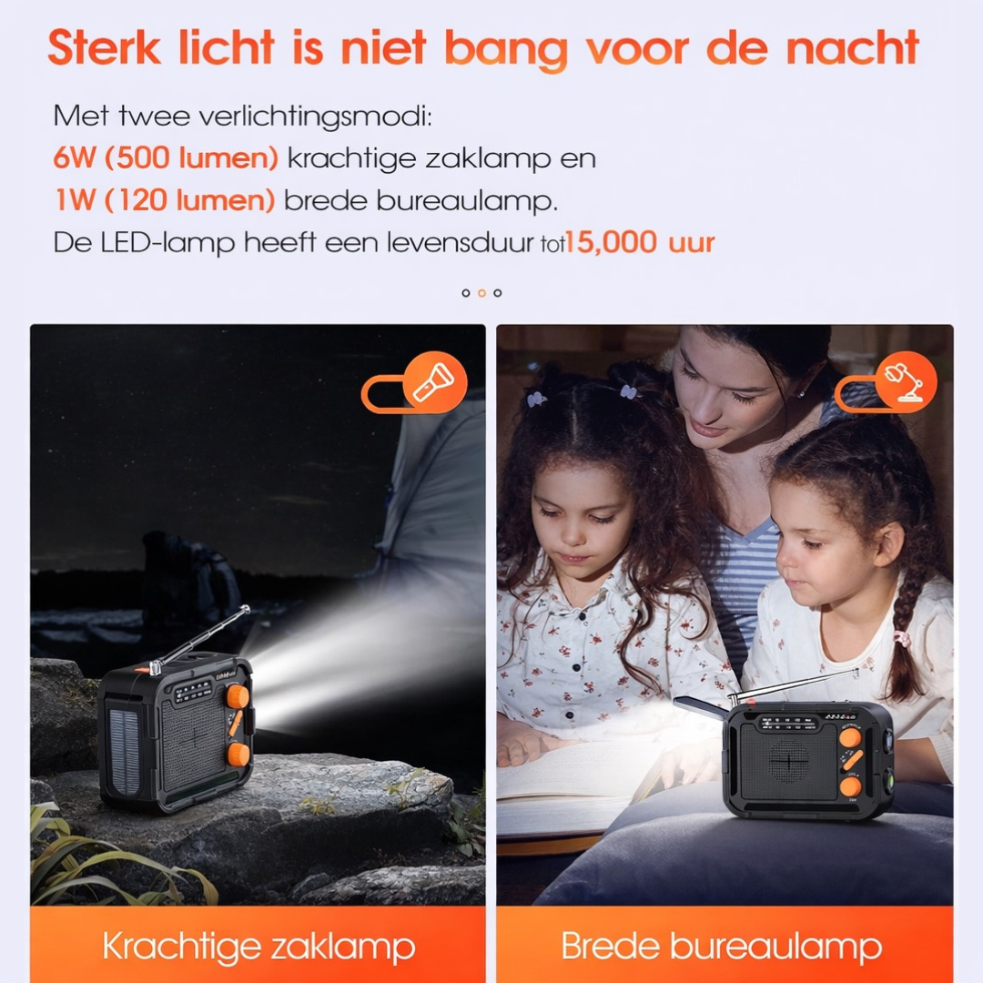 Premium-Notfallradio mit Taschenlampe, Handkurbel, Solarladefunktion und 5000-mAh-Akku