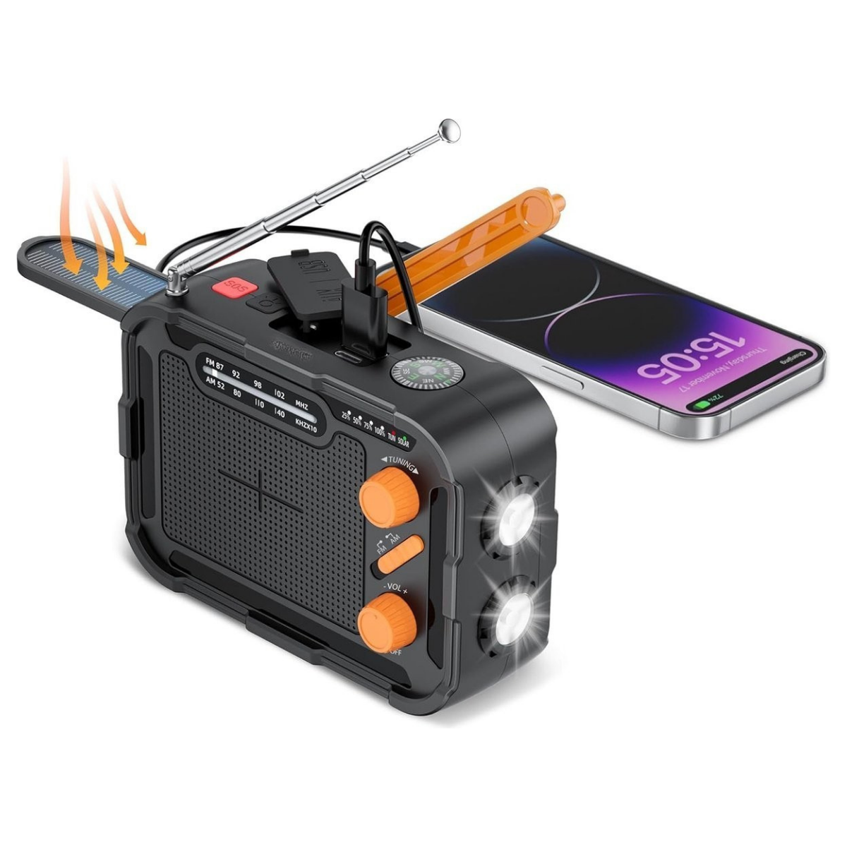 Premium-Notfallradio mit Taschenlampe, Handkurbel, Solarladefunktion und 5000-mAh-Akku